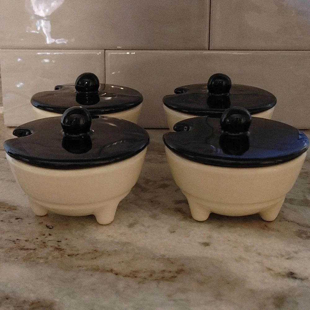 4 Vintage Condiment Bowls with Lids 3 Footed Black & Cream